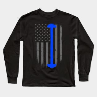 Police Barbell Thin Blue Line Flag Long Sleeve T-Shirt